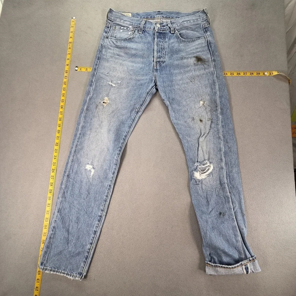 Levis 501 Jeans Mens Selvedge Blue Light Wash Slim Whiskers Thrashed‎ Fits 31x31